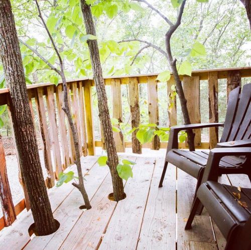 A wooden deck with holes for trees, featuring two black chairs and surrounded by greenery.