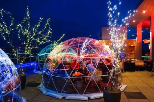 Colorful illuminated igloos on a rooftop terrace, surrounded by trees with fairy lights, against a night sky.