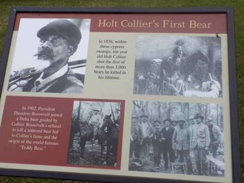 Sign about Holt Collier's first bear hunt in 1856 and Theodore Roosevelt's involvement in 1902.