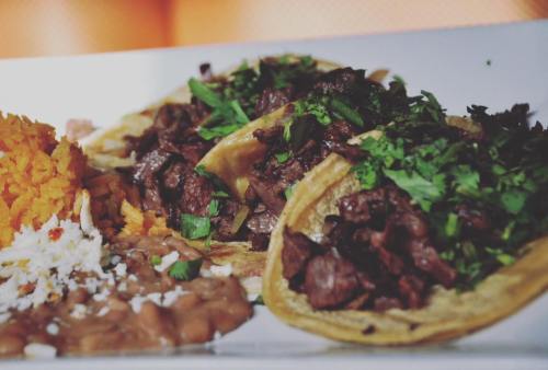 Three tacos filled with beef and topped with cilantro, served with rice and refried beans on a white plate.