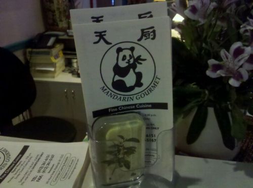A menu for Mandarin Gourmet featuring a panda logo, placed next to a small plant and flowers on a counter.
