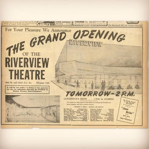 Newspaper announcement for the grand opening of the Riverview Theatre, featuring showtimes and details.