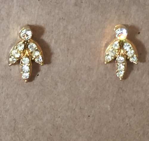 A pair of gold-tone earrings featuring a floral design adorned with sparkling rhinestones.