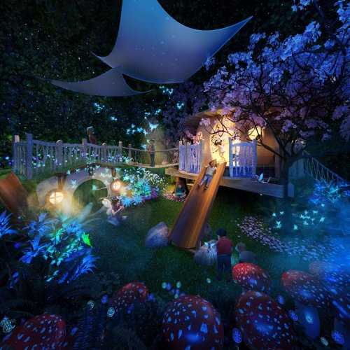 A whimsical garden scene with a treehouse, slide, glowing mushrooms, and children playing under a starry sky.