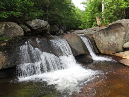 A serene waterfall cascades over smooth rocks, surrounded by lush green trees in a tranquil forest setting.