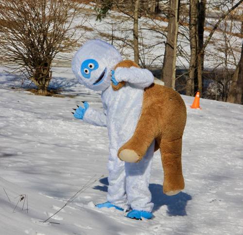 A person in a fluffy white yeti costume playfully carries a large stuffed bear in a snowy outdoor setting.