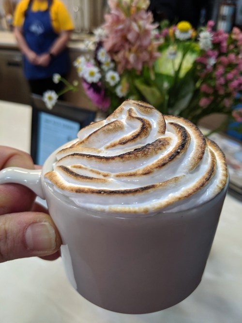 A hand holds a cup of coffee topped with beautifully swirled toasted meringue, with flowers in the background.