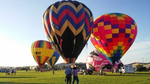 Colorful hot air balloons on a grassy field with people gathered nearby under a clear blue sky.