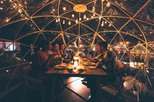 A cozy dinner inside a dome with string lights, featuring a group of friends enjoying a meal together.