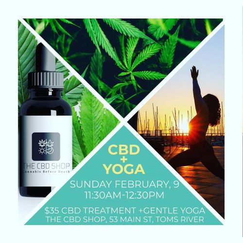 Promotional image for a CBD and yoga event on February 9, featuring a CBD oil bottle and a silhouette of a person practicing yoga.