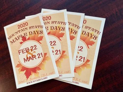 Four flyers for the 2020 Mountain State Maple Days, featuring dates February 22 and March 21, with a leaf design.