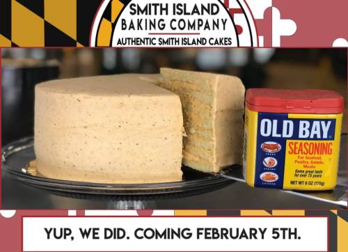 A layered Smith Island cake next to a can of Old Bay seasoning, with a text overlay announcing a February 5th release.