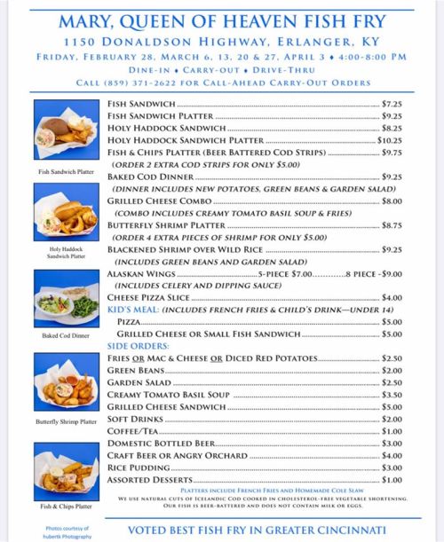 Menu for Mary, Queen of Heaven Fish Fry featuring various fish dishes, prices, and carry-out options.