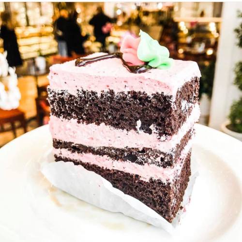 A slice of chocolate cake with pink frosting and decorative icing on top, served on a white plate.