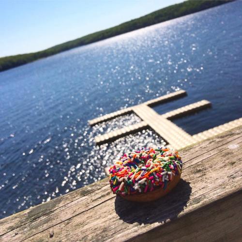 A colorful donut with sprinkles sits on a wooden railing, overlooking a sparkling lake and a dock in the background.