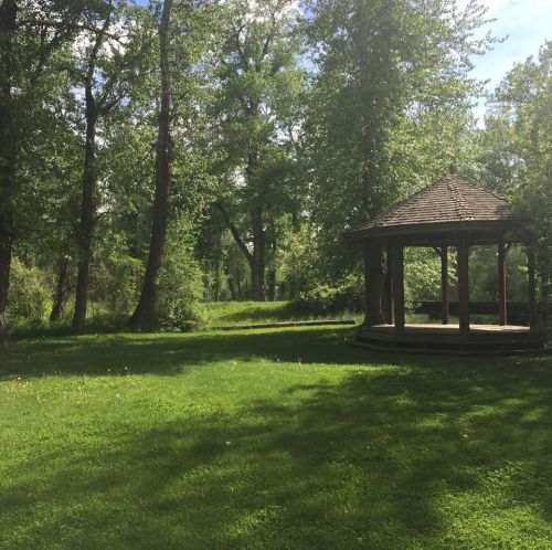 A sunny park scene featuring a gazebo surrounded by lush green grass and tall trees.