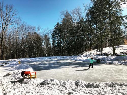A person ice skating on a frozen pond surrounded by snow-covered trees under a clear blue sky.