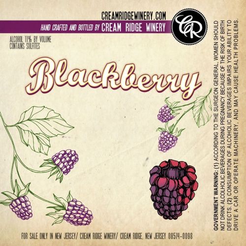 Label for Cream Ridge Winery's Blackberry wine, featuring a blackberry illustration and alcohol content details.