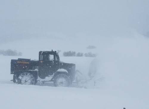 A snowplow clears heavy snow during a blizzard, with visibility significantly reduced by falling snow.