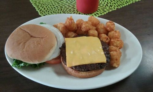 A plate with a cheeseburger on a bun, lettuce, tomato, and a side of crispy tater tots.