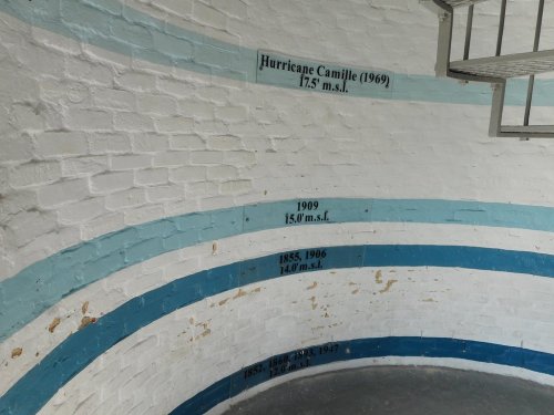 Interior view of a circular wall with historical flood markers, including Hurricane Camille (1969) at 17.5 feet m.s.l.