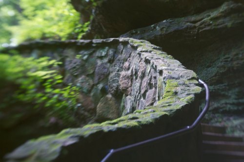 A winding stone staircase surrounded by lush greenery and moss-covered rocks.