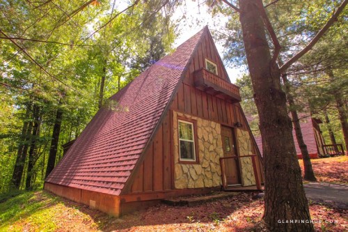 A cozy A-frame cabin nestled among tall trees, featuring a stone facade and a sloped roof.