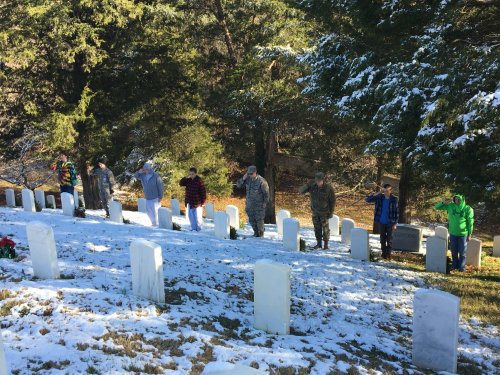 A group of people standing in a snowy cemetery, paying respects near white gravestones.