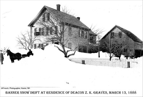 Historic black-and-white photo of a snow-covered house with a large snow drift, dated March 13, 1888.