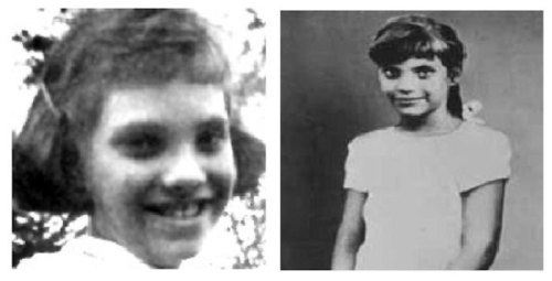 Two black-and-white portraits of young girls, both smiling, with short hair and wearing light-colored dresses.