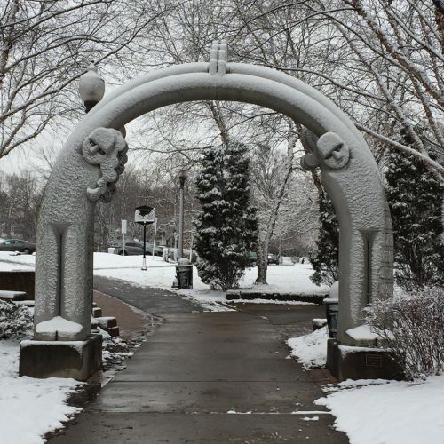 A snow-covered archway in a park, surrounded by trees and a snowy pathway.