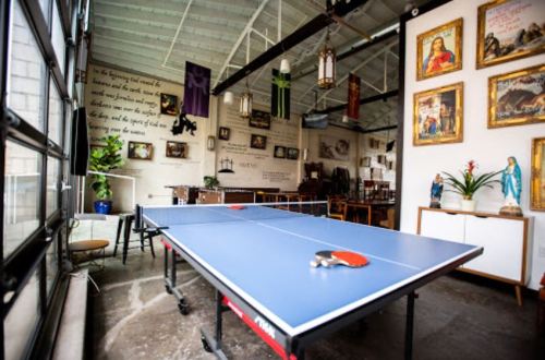 A ping pong table in a stylish room with artwork, plants, and decorative walls.
