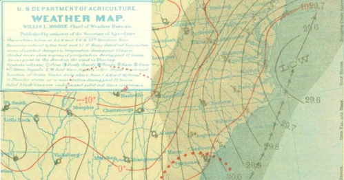 Vintage weather map showing various temperature lines and locations across the southeastern United States.