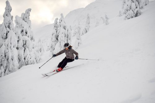 A skier navigates a snowy slope surrounded by tall, snow-covered trees under a cloudy sky.