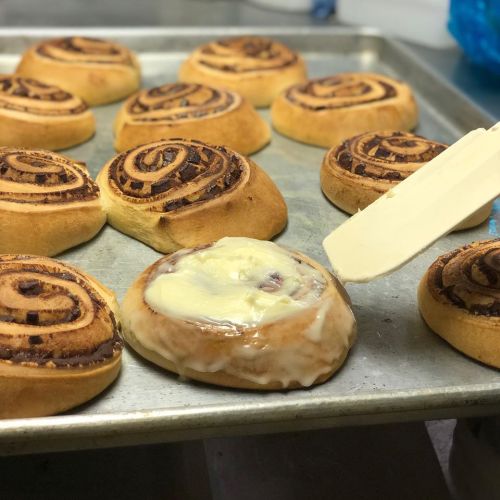 Freshly baked cinnamon rolls on a tray, with one being frosted with cream cheese icing.