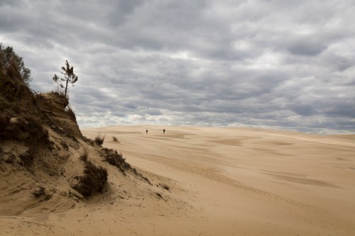 Two figures walk across a vast sandy dune under a cloudy sky, with sparse vegetation on a nearby slope.