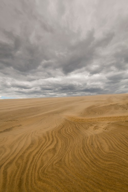 A vast desert landscape with rippled sand dunes under a cloudy sky.