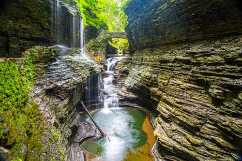 A serene landscape featuring cascading waterfalls and a stone bridge amidst lush greenery and rocky cliffs.