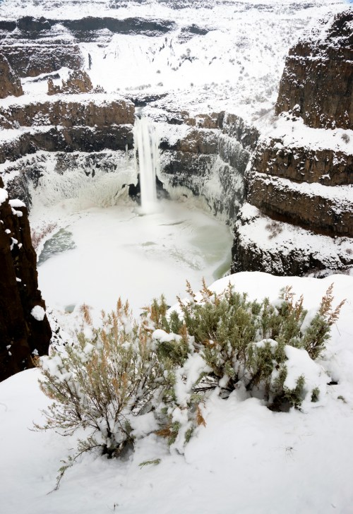 A snowy landscape featuring a waterfall cascading into a frozen pool, surrounded by rocky cliffs and winter vegetation.
