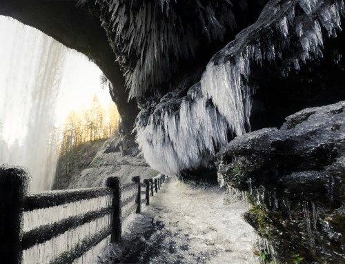 A frozen waterfall with icicles hanging from rocks, surrounded by trees and a wooden fence in a winter landscape.