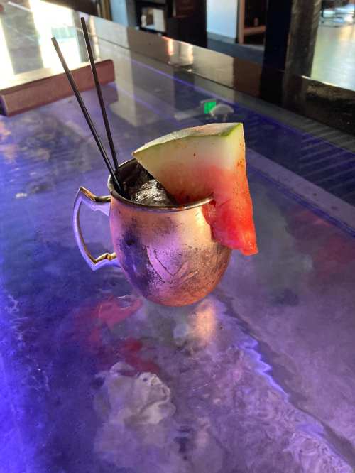 A silver mug filled with a dark drink, topped with a slice of watermelon and two straws, on a reflective bar surface.