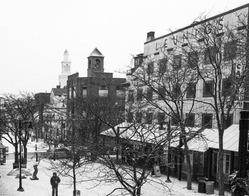 A snowy street scene with bare trees, buildings, and a clock tower in the background, creating a quiet winter atmosphere.