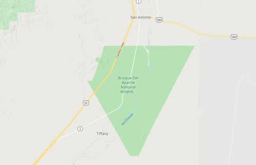 Map showing Bosque Del Apache National Wildlife Refuge in New Mexico, near San Antonio and Tiffany.