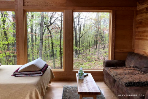 Cozy cabin interior with a bed, sofa, and large windows overlooking a lush forest.