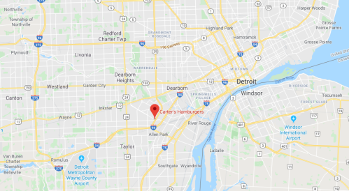 Map showing the location of Carter's Hamburgers in Dearborn, near Detroit, Michigan.