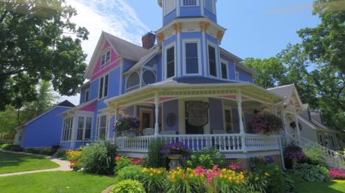 A colorful Victorian-style house with a tower, surrounded by vibrant flowers and greenery on a sunny day.