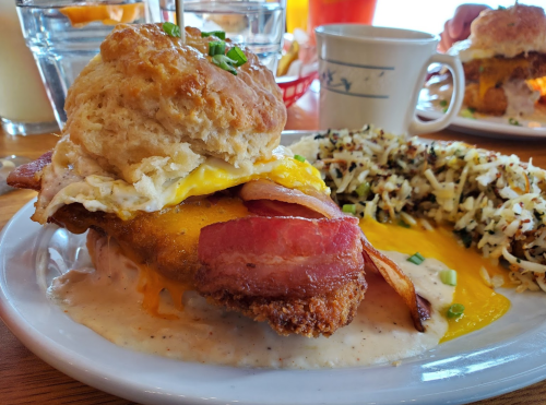 A hearty breakfast plate featuring a biscuit sandwich with bacon, egg, and cheese, served with hash browns on the side.