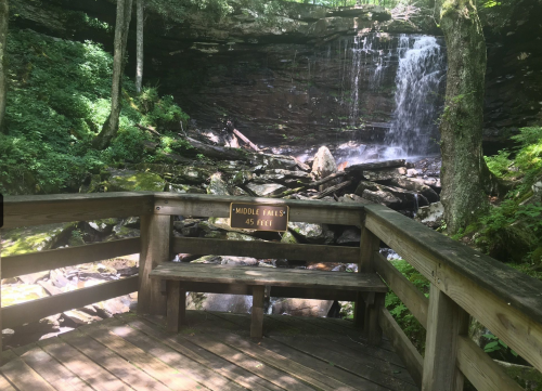 A wooden viewing platform with a sign reading "Middle Falls 45 Feet" overlooking a lush, green waterfall.