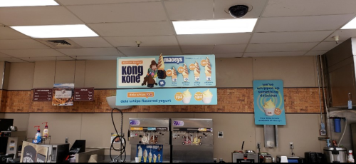 Interior of an ice cream shop featuring a "Kong Kone" sign and various yogurt flavors on display.
