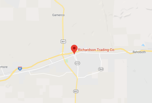 Map showing the location of Richardson Trading Co. near Rehoboth, with nearby highways and towns labeled.